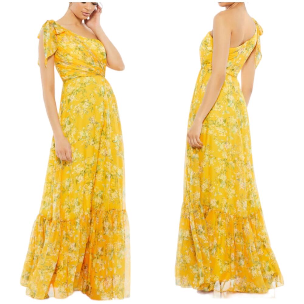 Mac Duggal NWT Floral One Shoulder Bow Maxi Gown Size 0 Tiered Skirt Pleated